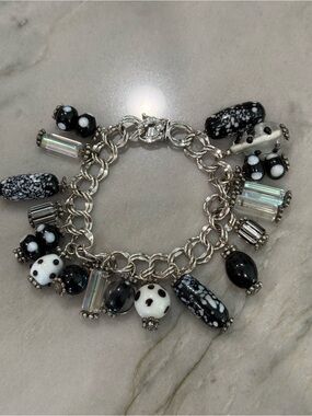 VTG Sterling Silver Bracelet with Black and White Glass Beads